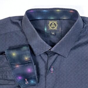 A21 Mens XL Black Textured Stripe Button Down Shirt Rainbow Polka Dot Flip Cuff